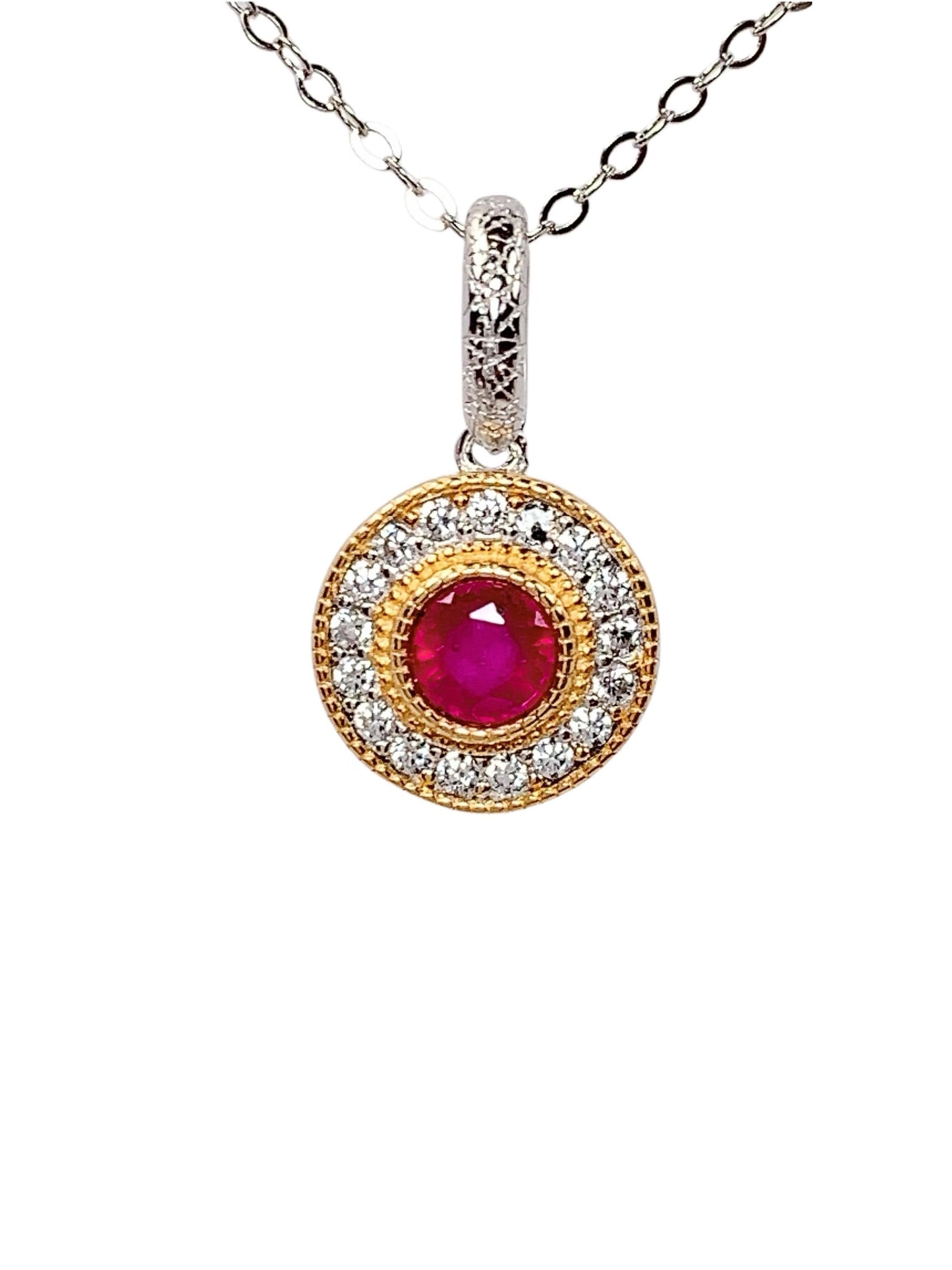 Ruby Sterling Silver Pendant Necklace: 18K Gold Plated, 4mm Round Cut