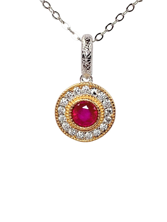 Ruby Sterling Silver Pendant Necklace: 18K Gold Plated, 4mm Round Cut