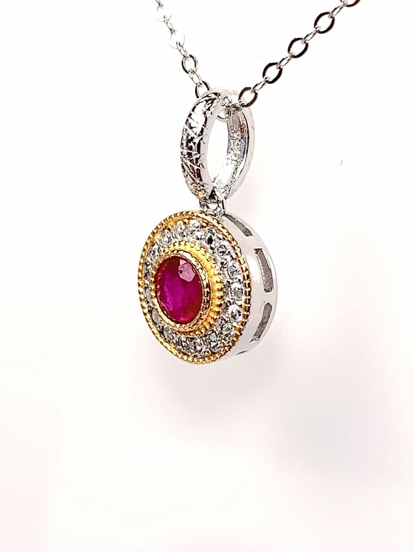 Ruby Sterling Silver Pendant Necklace: 18K Gold Plated, 4mm Round Cut