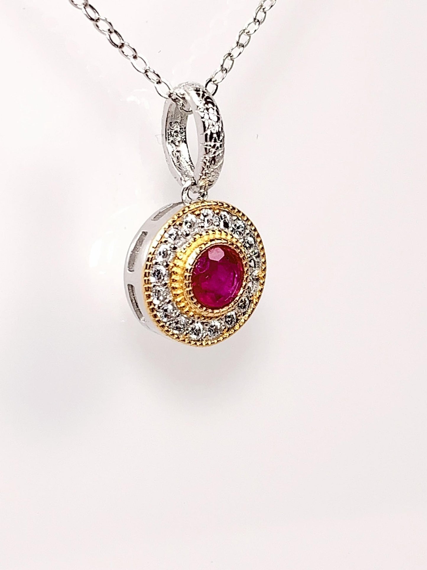Ruby Sterling Silver Pendant Necklace: 18K Gold Plated, 4mm Round Cut