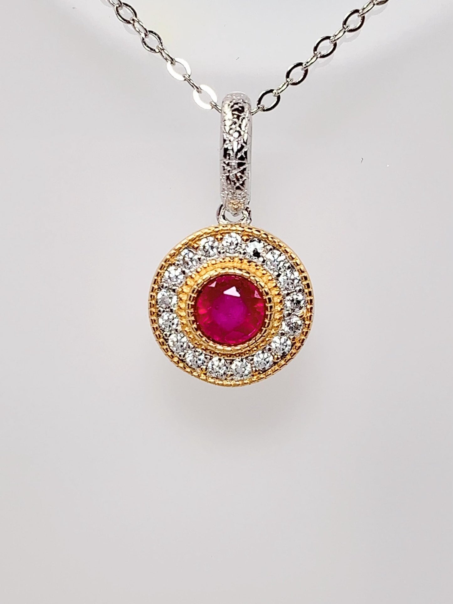 Ruby Sterling Silver Pendant Necklace: 18K Gold Plated, 4mm Round Cut