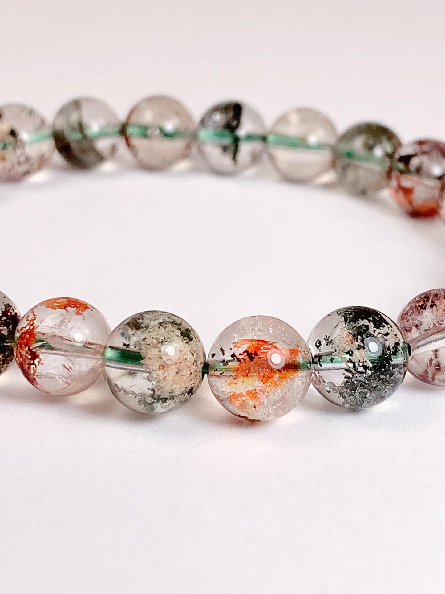 Natural Phantom Quartz Bracelet: Green, Brown & Red Crystal Beads