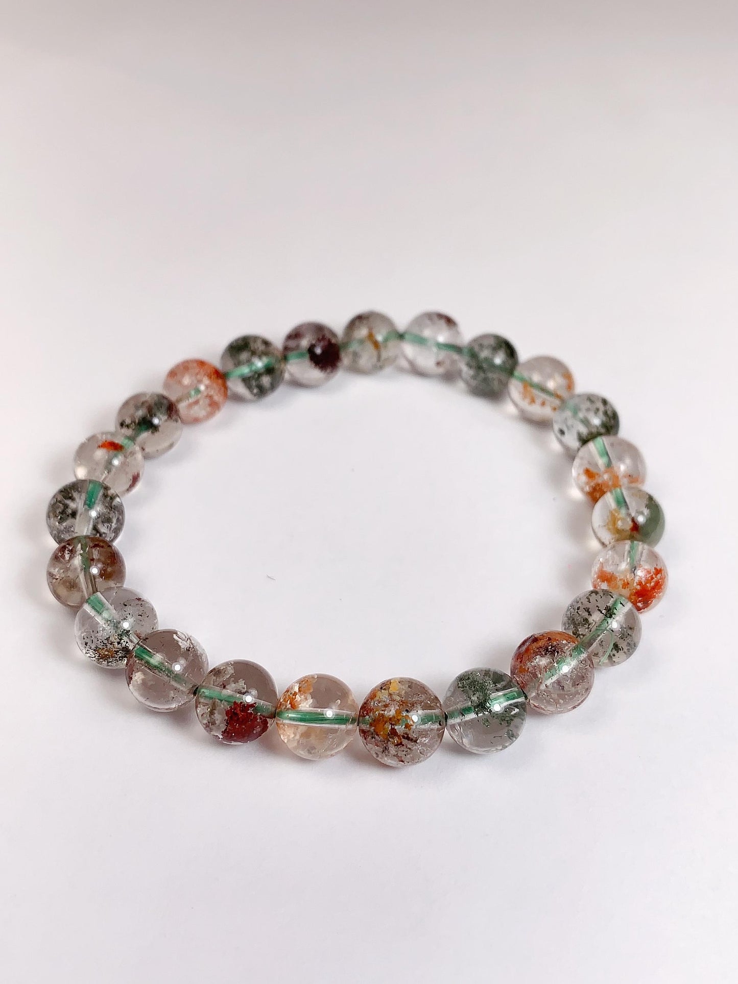 Natural Phantom Quartz Bracelet: Green, Brown & Red Crystal Beads