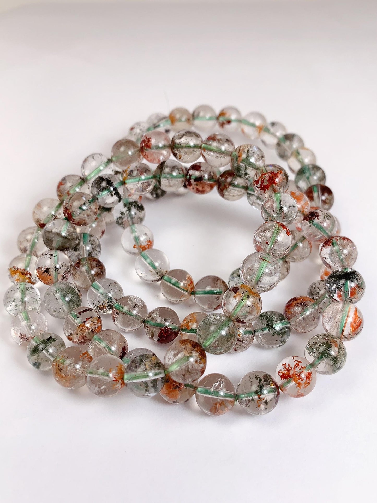 Natural Phantom Quartz Bracelet: Green, Brown & Red Crystal Beads