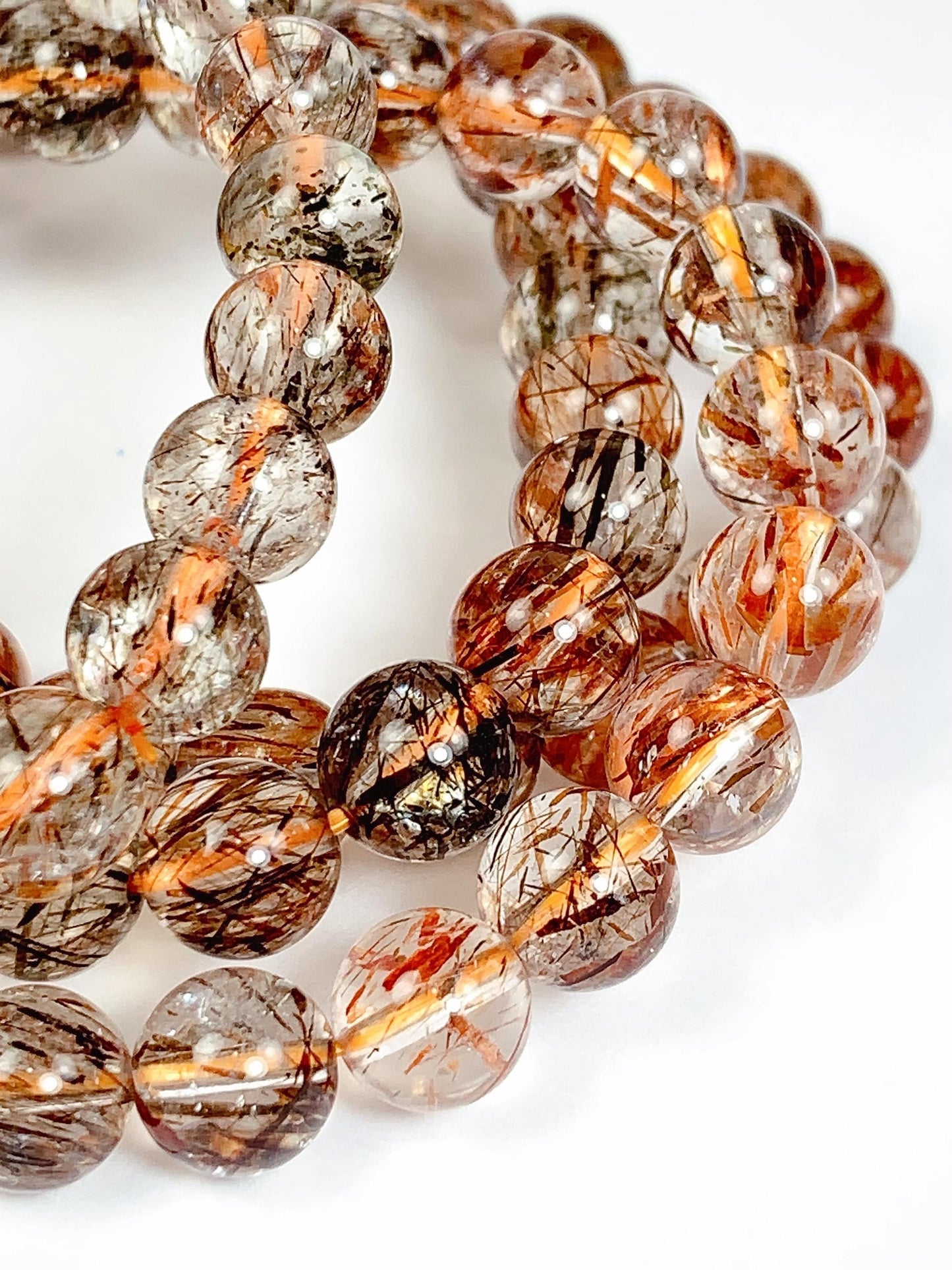 Natural Rutilated Quartz Bracelet: Red, Green, Black, Gold Golden Copper 8mm 10mm 12mm Smooth Round