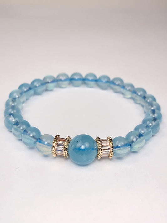 Very high quality 14K Gold Filled Genuine Natural Blue Ice Clear Aquamarine Smooth Round Stretch Bracelet 6mm