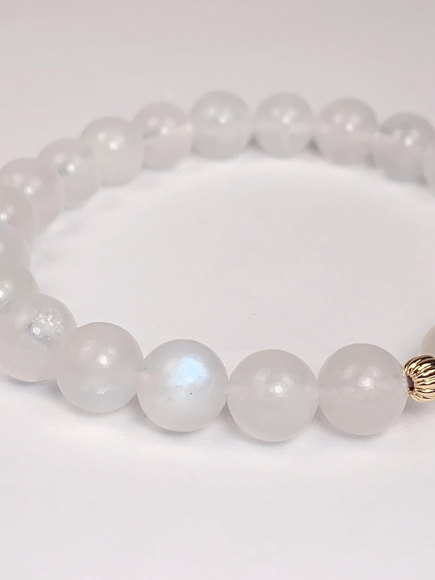 14K Gold Filled Genuine white blue moonstone Smooth Round Stretch Bracelet 8mm