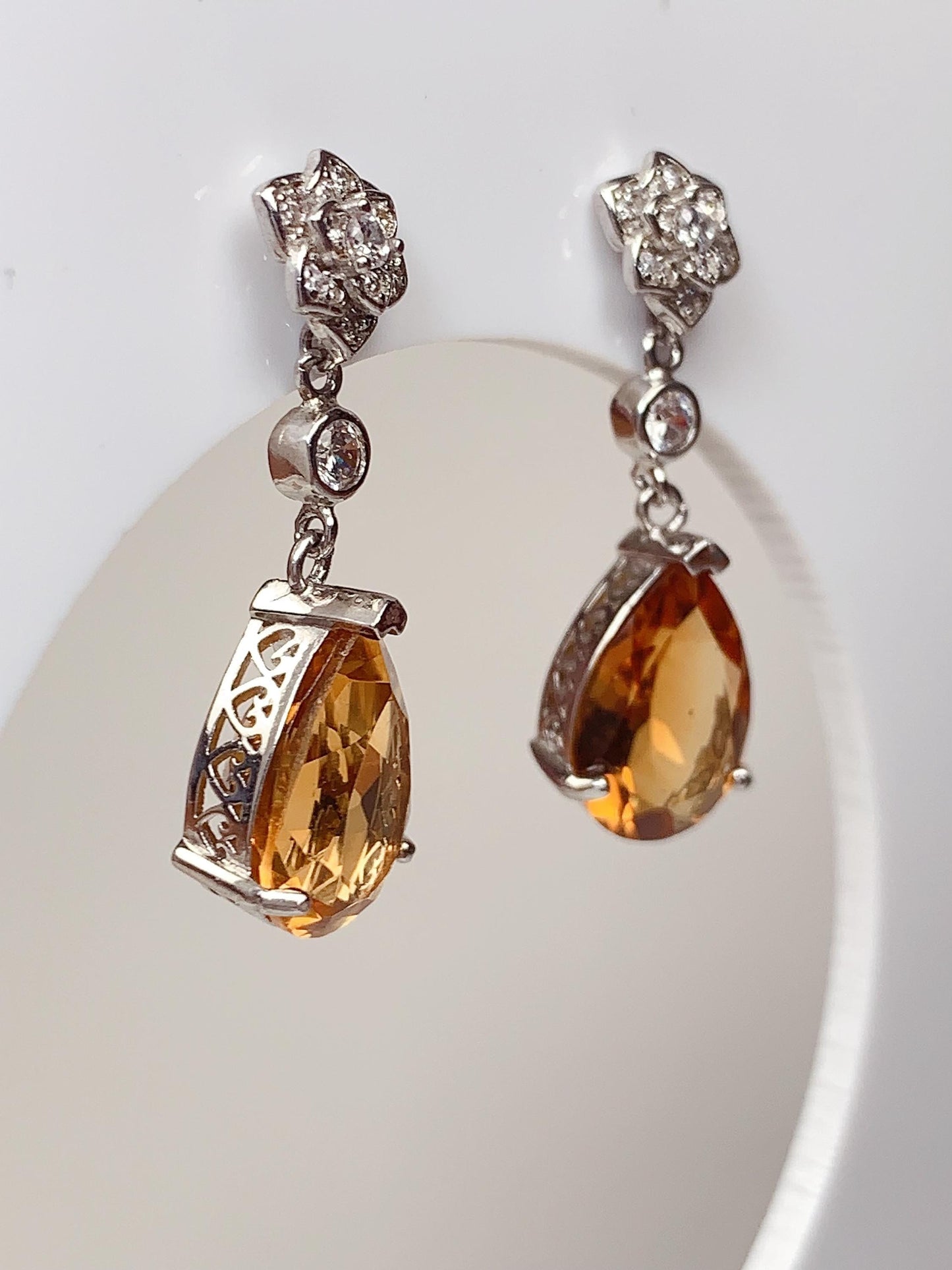 Citrine Drop Earrings: 18k Gold Plated Sterling Silver Flower Design