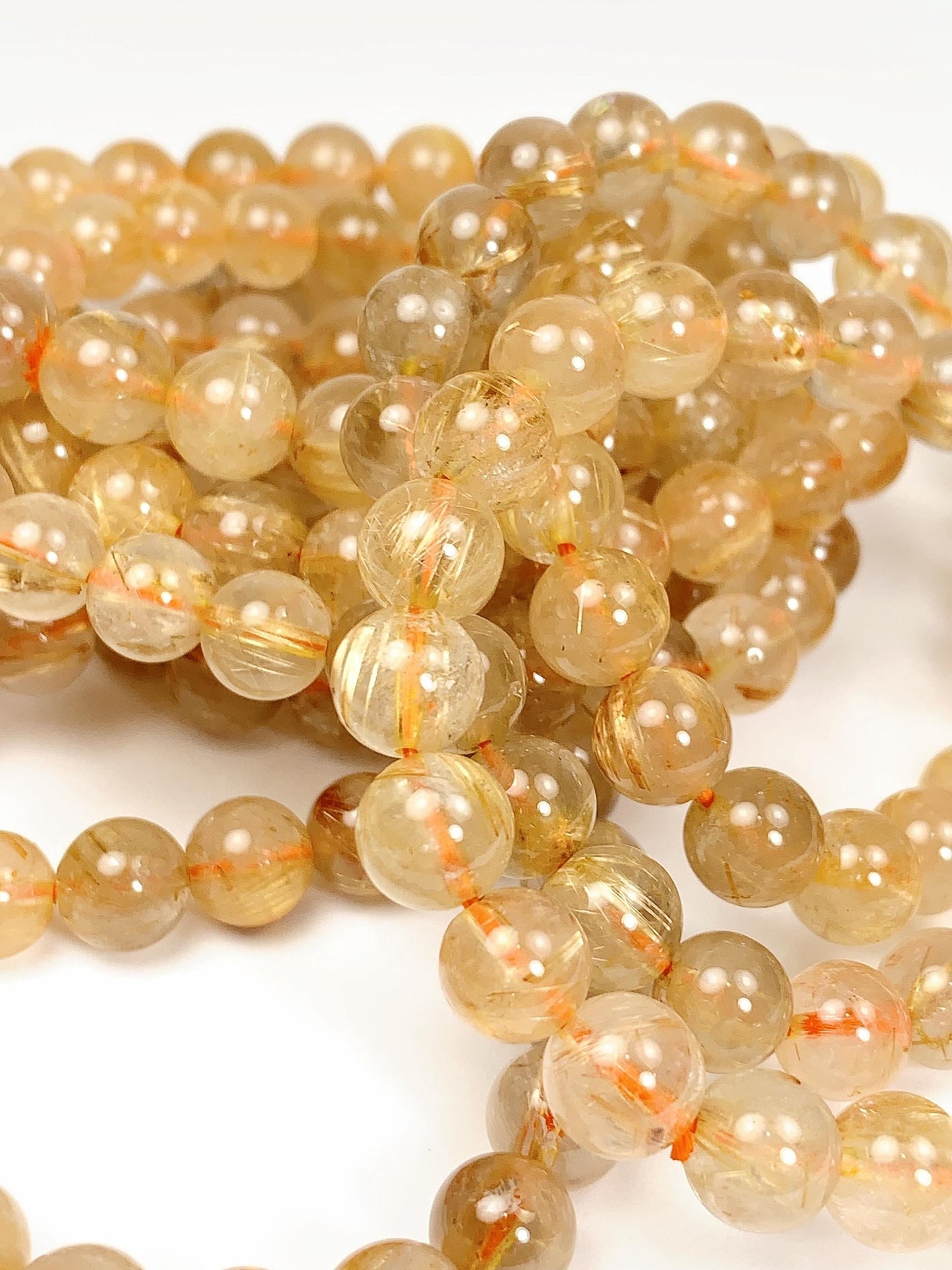 Natural Golden Rutilated Quartz Bracelet: 8mm Smooth Round Gemstone