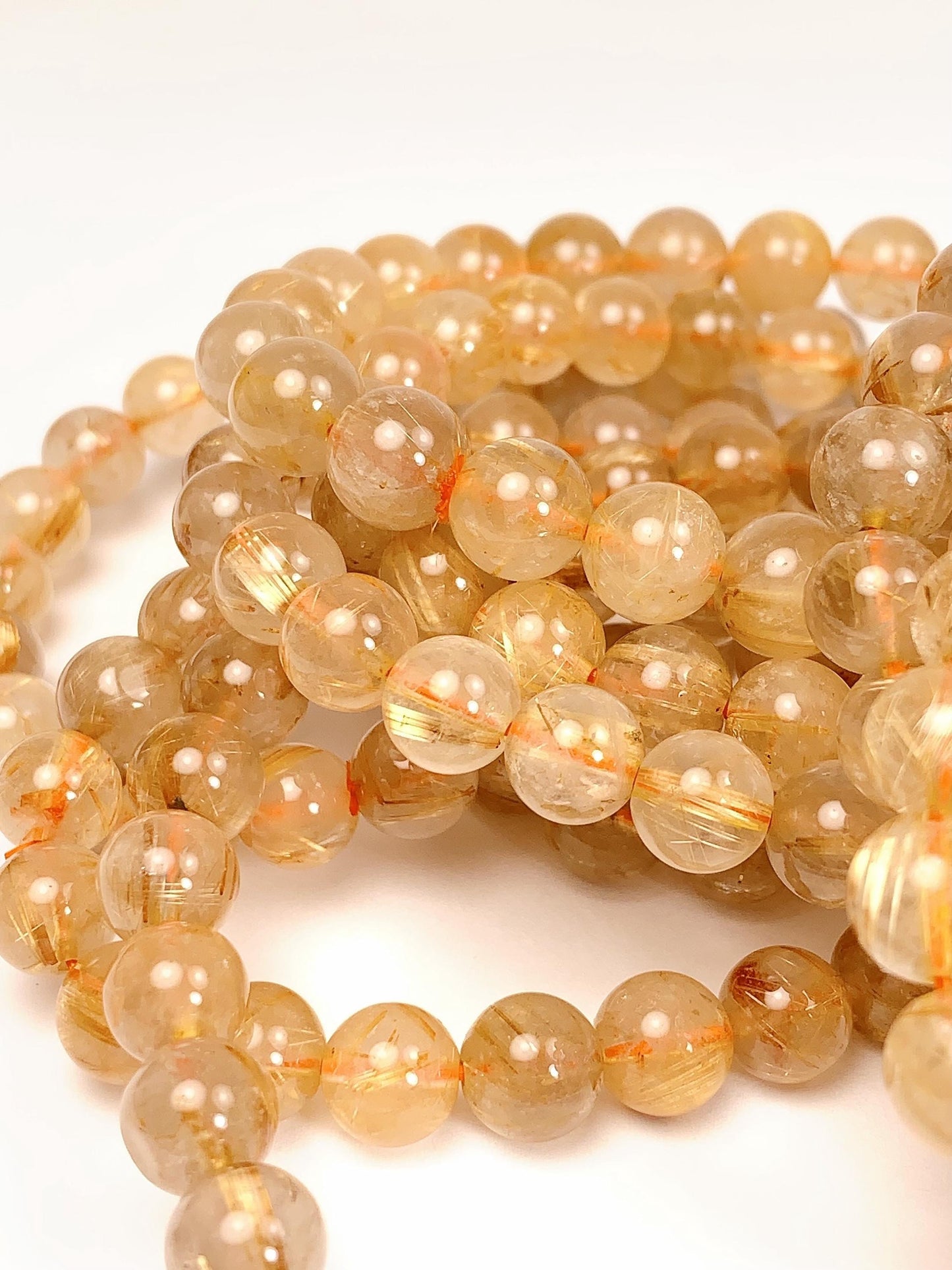 Natural Golden Rutilated Quartz Bracelet: 8mm Smooth Round Gemstone