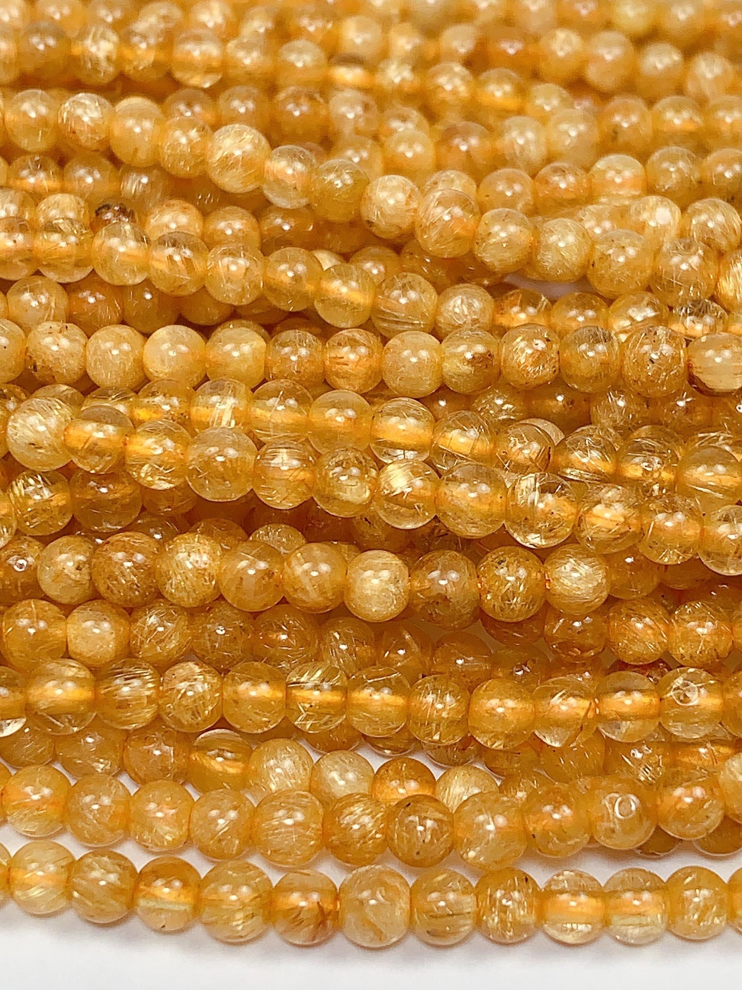 AAA Deep Color Gold Golden Rutilated Quartz Smooth Round Beads: Natural Yellow Gemstone Strand (3mm)