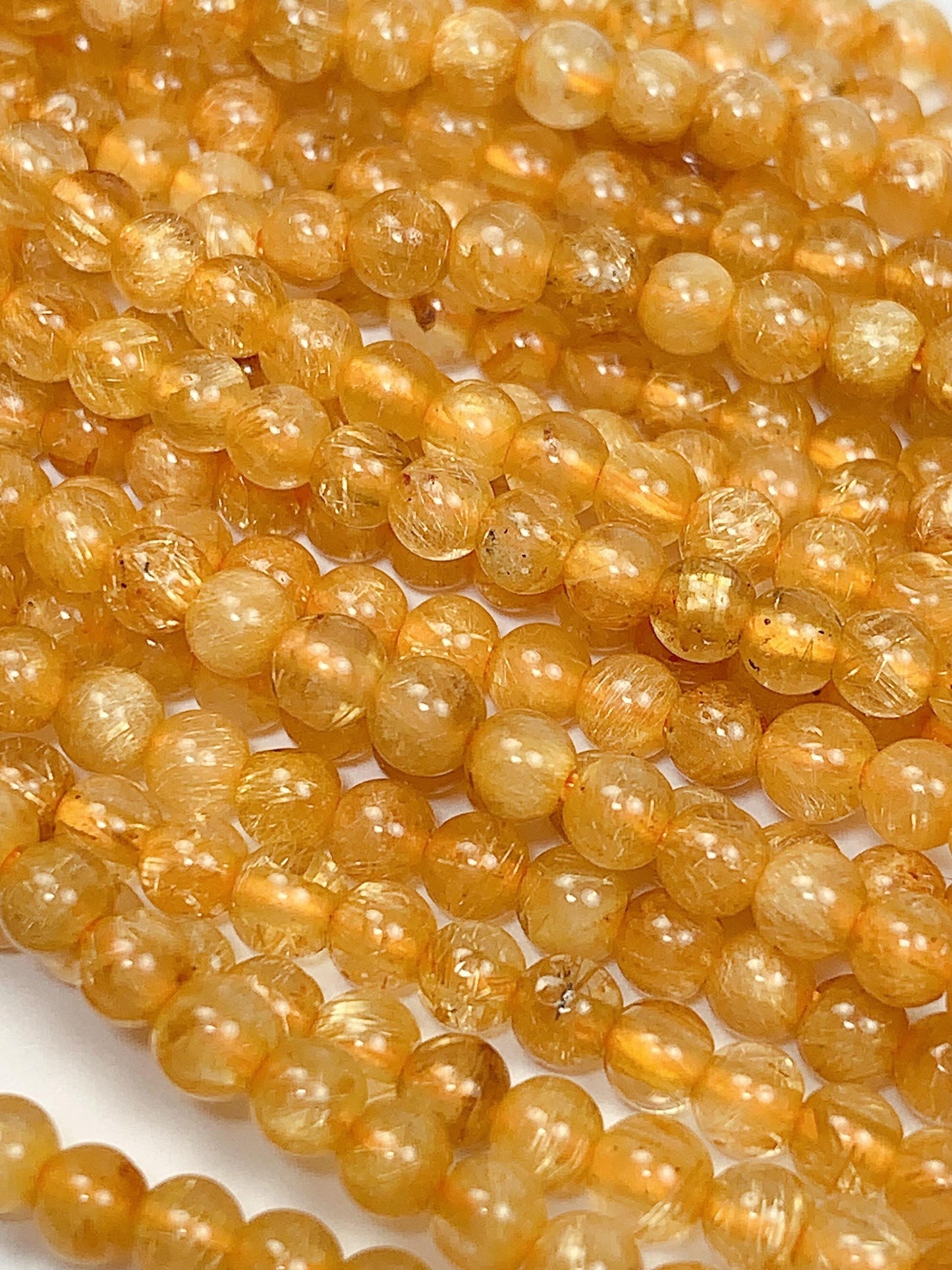 AAA Deep Color Gold Golden Rutilated Quartz Smooth Round Beads: Natural Yellow Gemstone Strand (3mm)
