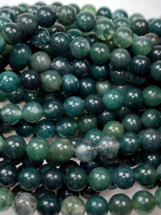 Natural Deep Green Moss Agate Beads: Smooth Round Gemstone Strand (15.5")