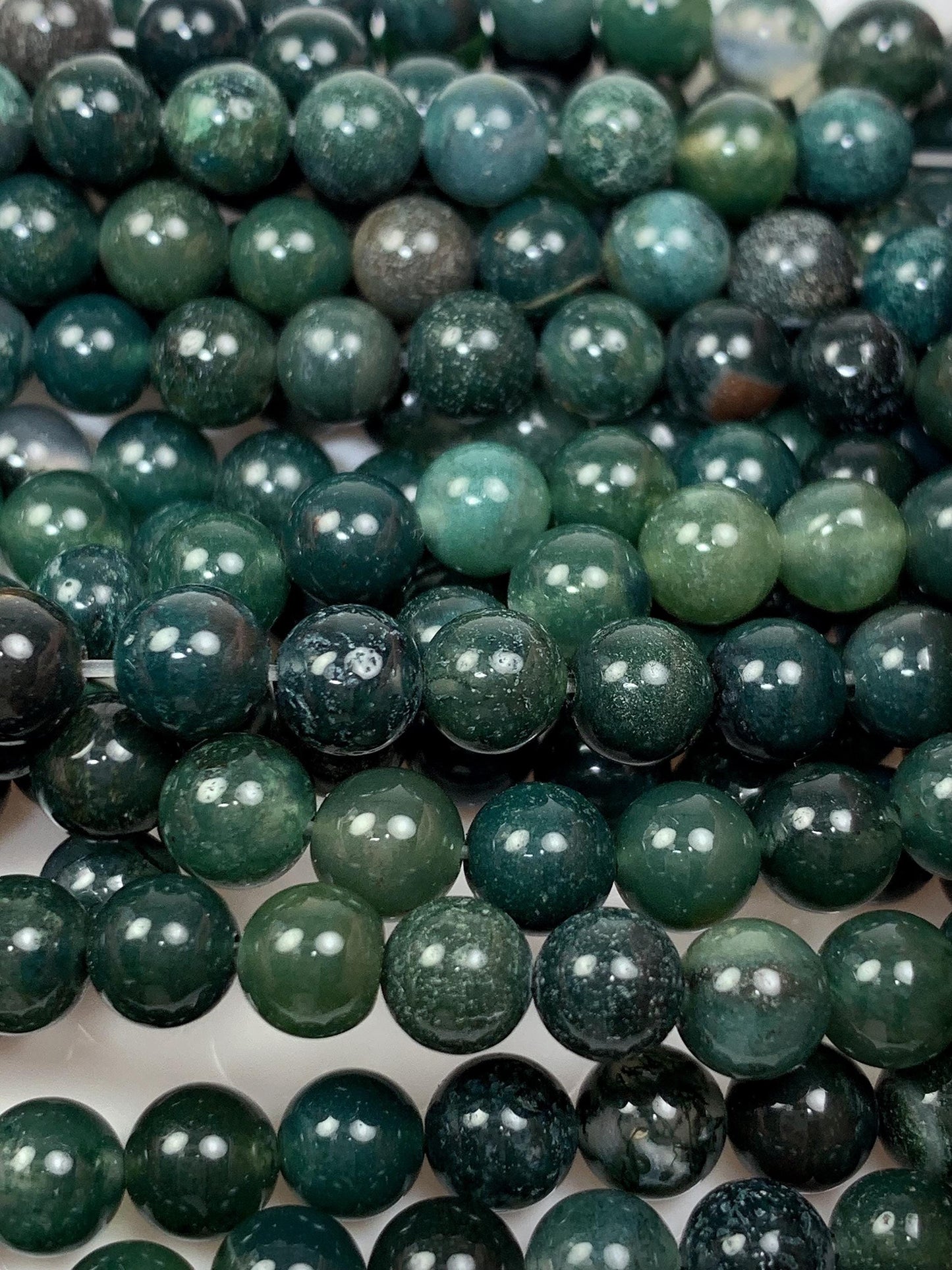 Natural Deep Green Moss Agate Beads: Smooth Round Gemstone Strand (15.5")