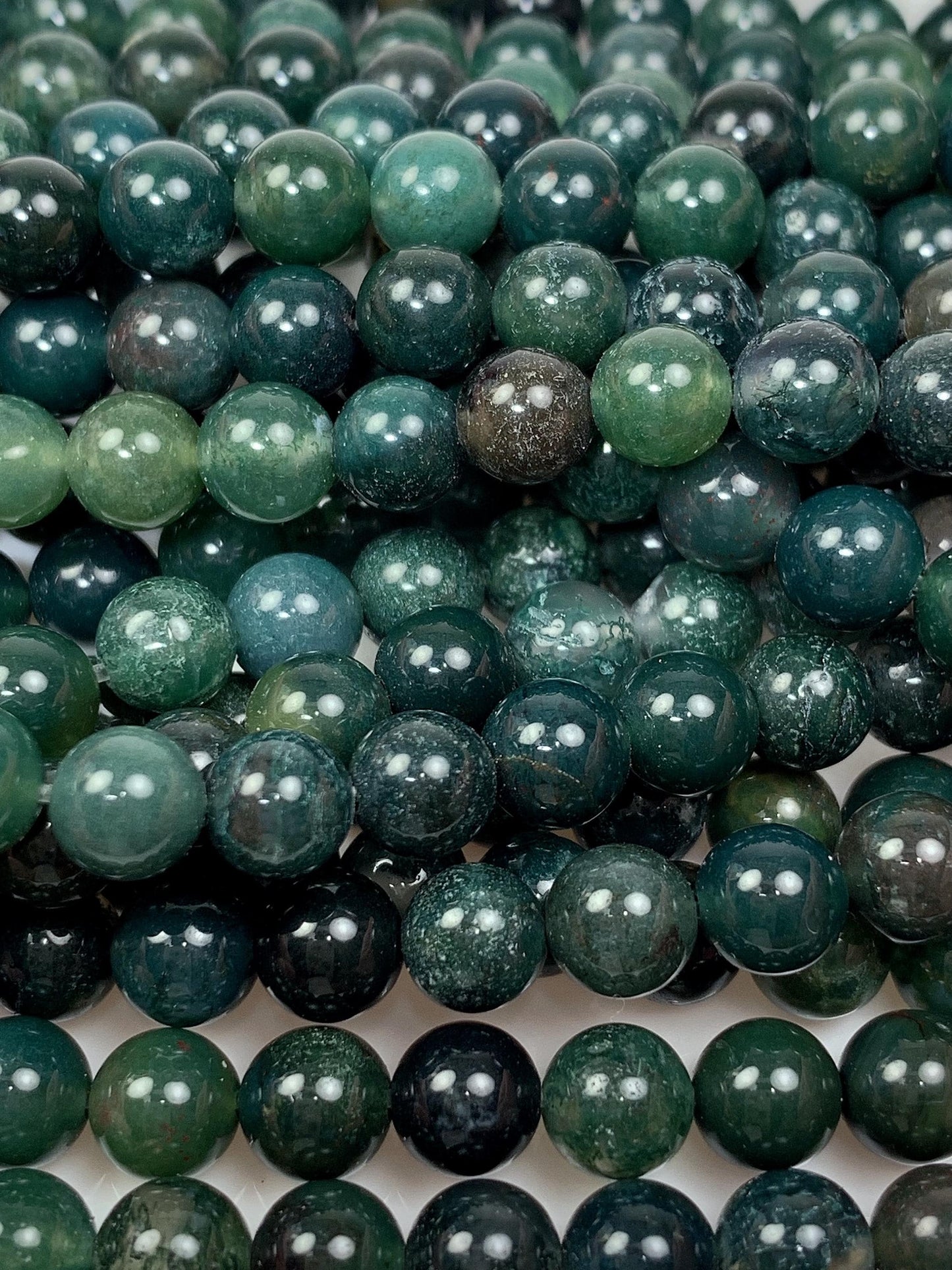 Natural Deep Green Moss Agate Beads: Smooth Round Gemstone Strand (15.5")
