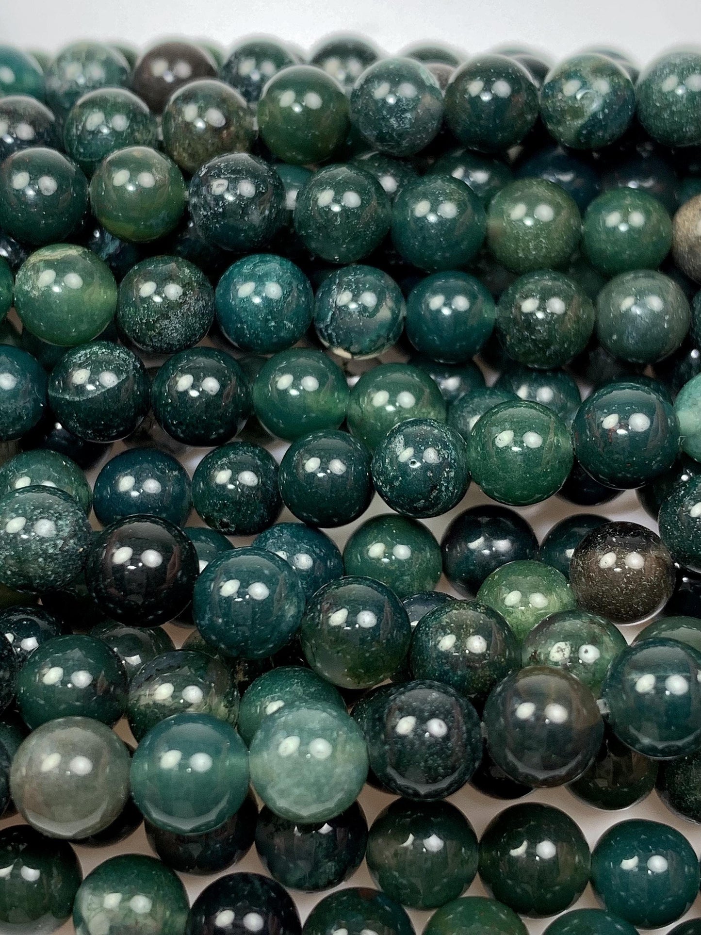 Natural Deep Green Moss Agate Beads: Smooth Round Gemstone Strand (15.5")