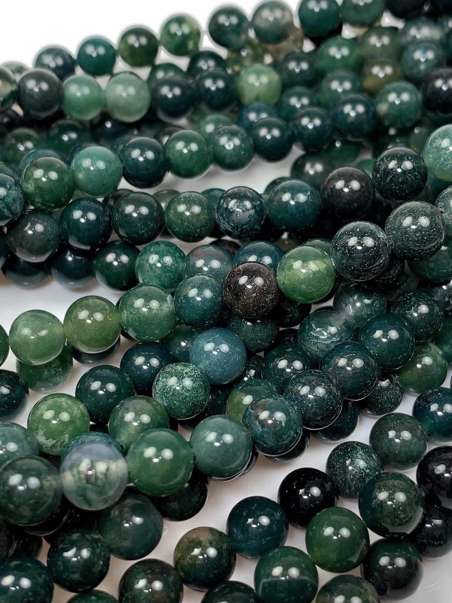 Natural Deep Green Moss Agate Beads: Smooth Round Gemstone Strand (15.5")