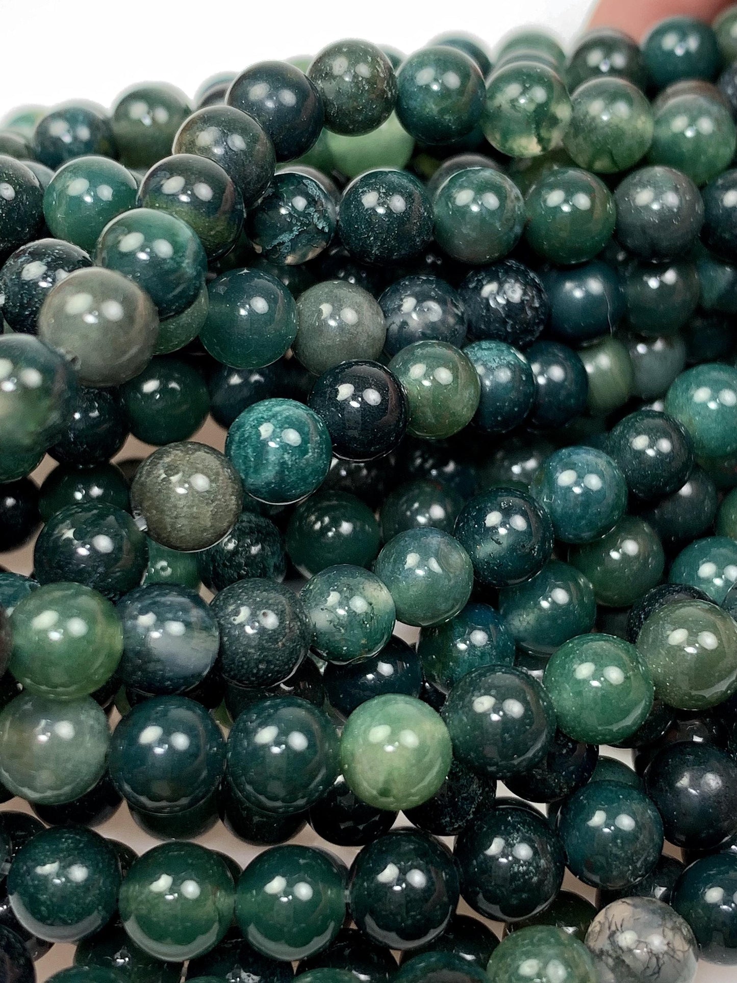 Natural Deep Green Moss Agate Beads: Smooth Round Gemstone Strand (15.5")
