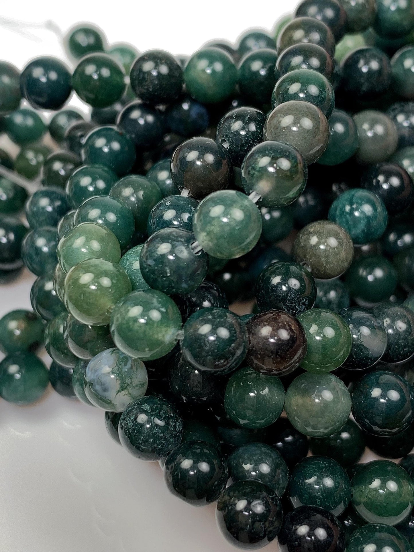 Natural Deep Green Moss Agate Beads: Smooth Round Gemstone Strand (15.5")