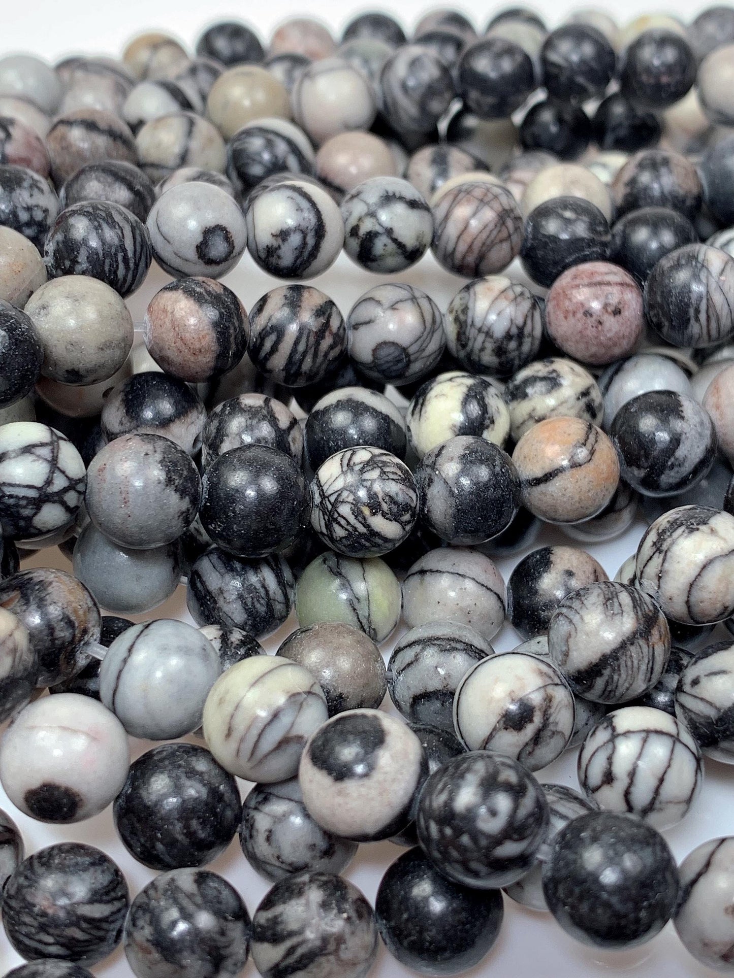 Natural Black Spider Web Jasper Beads: Smooth Round Gemstone Strand
