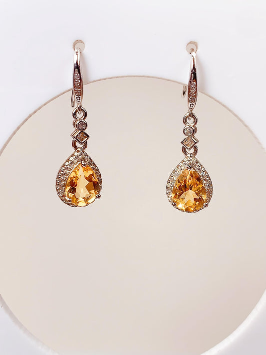 8mmx6mm  Grade AAA Genuine Natural yellow Citrine dorp Cut 18k Gold Plated S 925 Sterling Silver Earring flowers and drop design