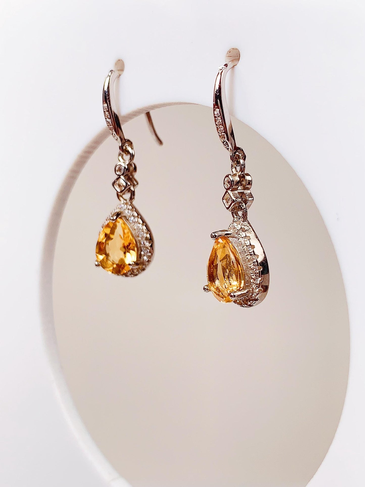 8mmx6mm  Grade AAA Genuine Natural yellow Citrine dorp Cut 18k Gold Plated S 925 Sterling Silver Earring flowers and drop design