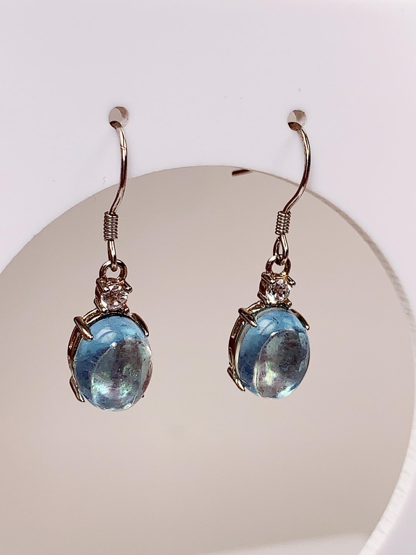 Blue Aquamarine Sterling Silver Earrings: 18k Gold Plated, Oval Cut