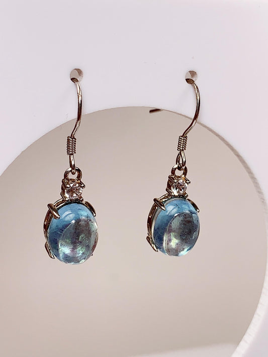 Blue Aquamarine Sterling Silver Earrings: 18k Gold Plated, Oval Cut