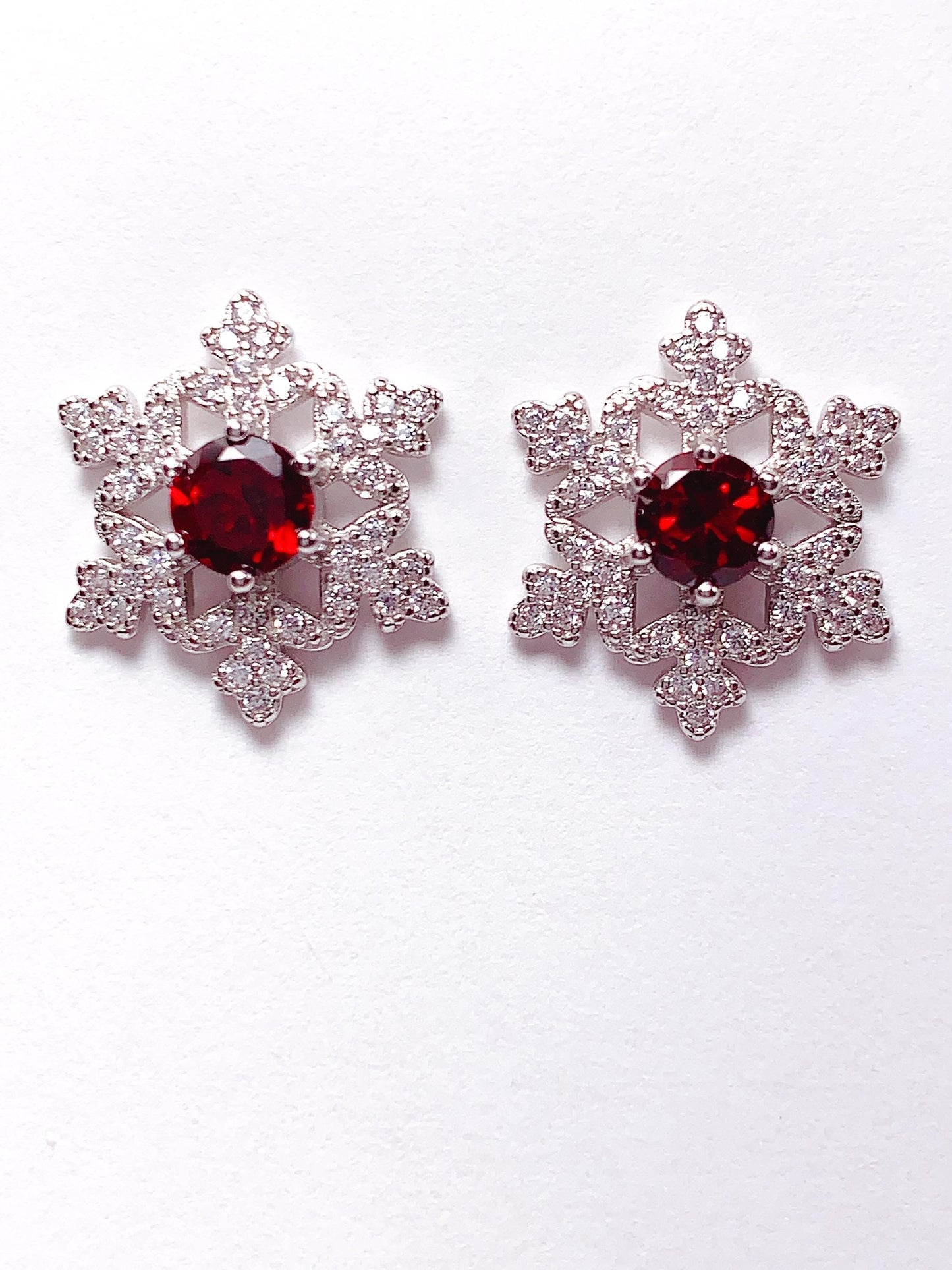 Red Garnet Snowflake Earrings: 18k Gold Plated Sterling Silver