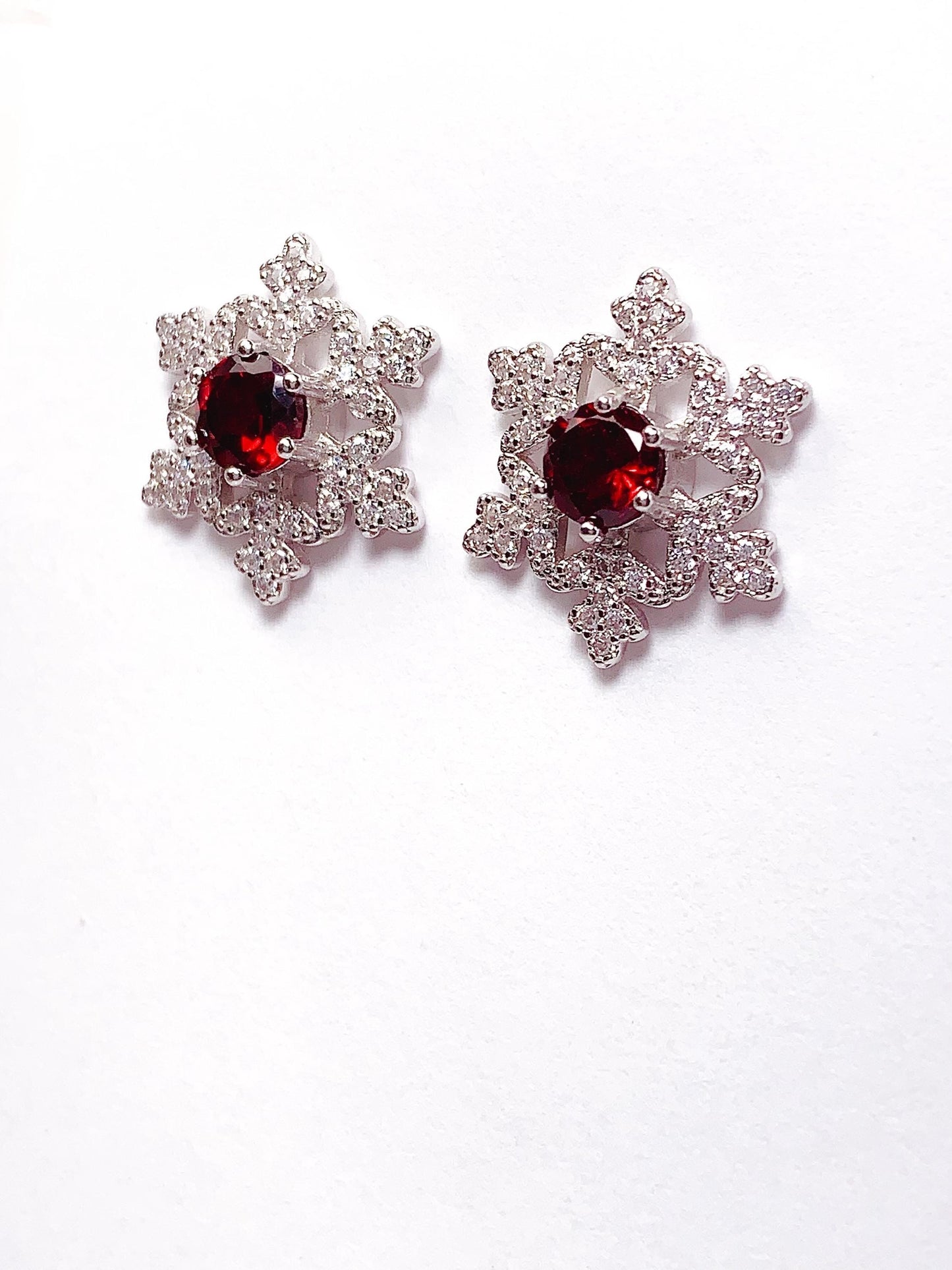 Red Garnet Snowflake Earrings: 18k Gold Plated Sterling Silver