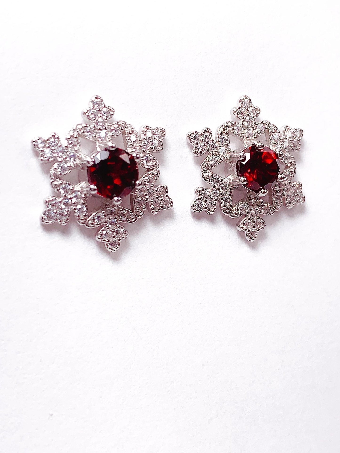 Red Garnet Snowflake Earrings: 18k Gold Plated Sterling Silver