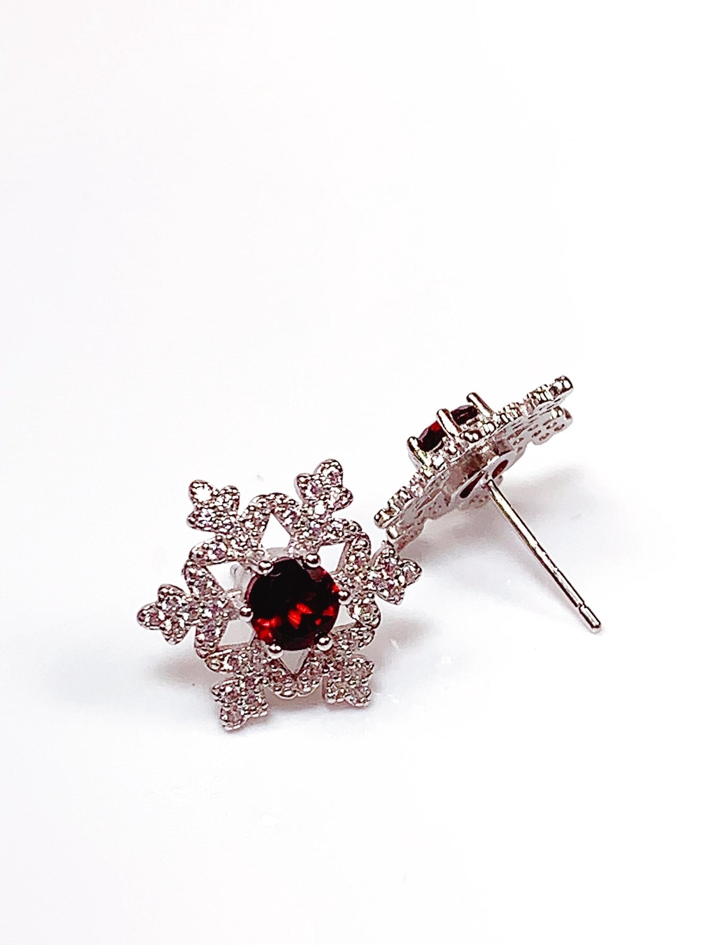 Red Garnet Snowflake Earrings: 18k Gold Plated Sterling Silver