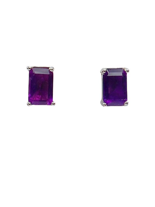 6mmx4mm Genuine Natural Purple Amethyst rectangle Cut 18k Gold Plated S 925 Sterling Silver Earring