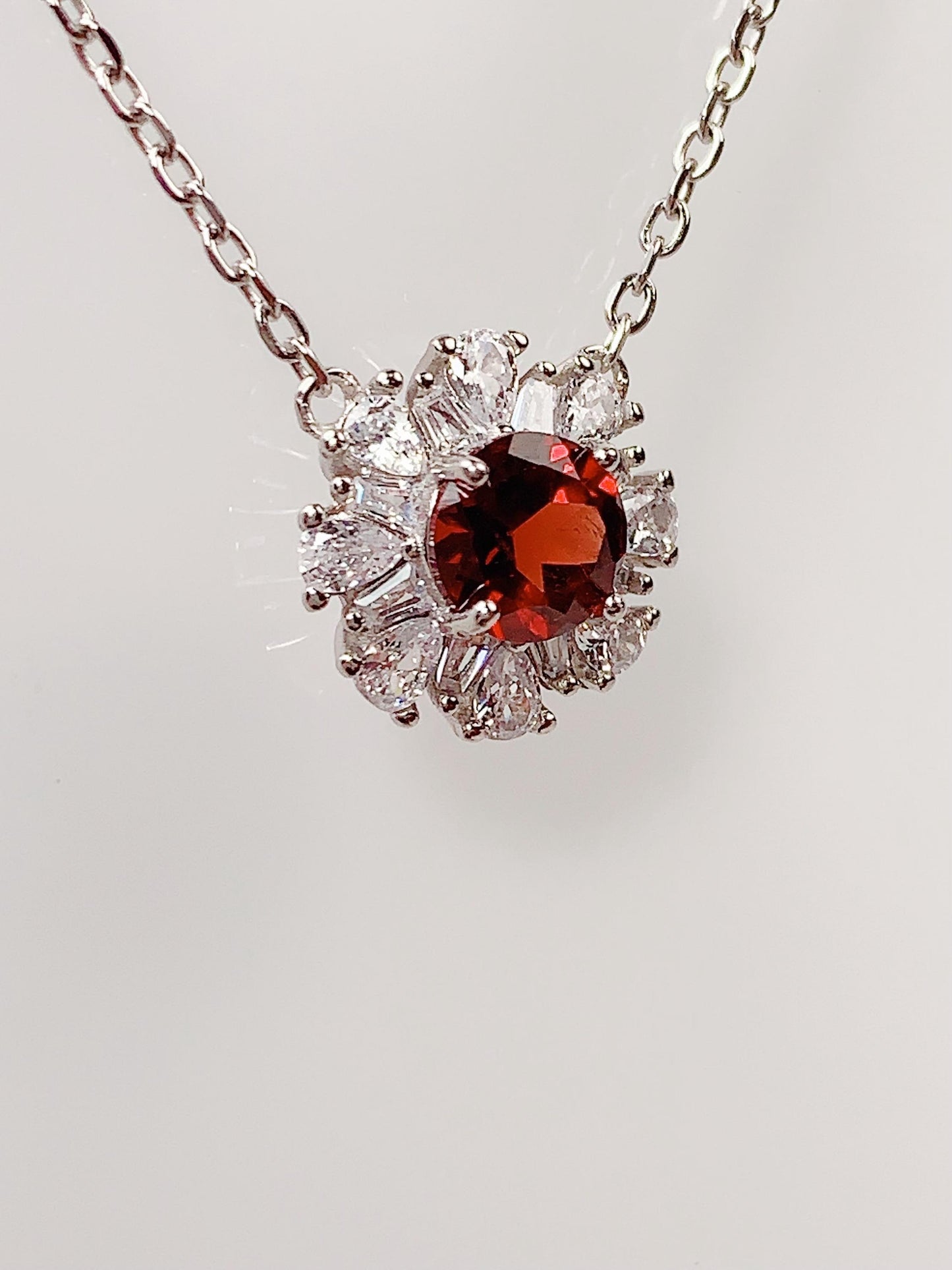Red Garnet Sterling Silver Pendant Necklace: 18K Gold Plated, 6mm Round Cut