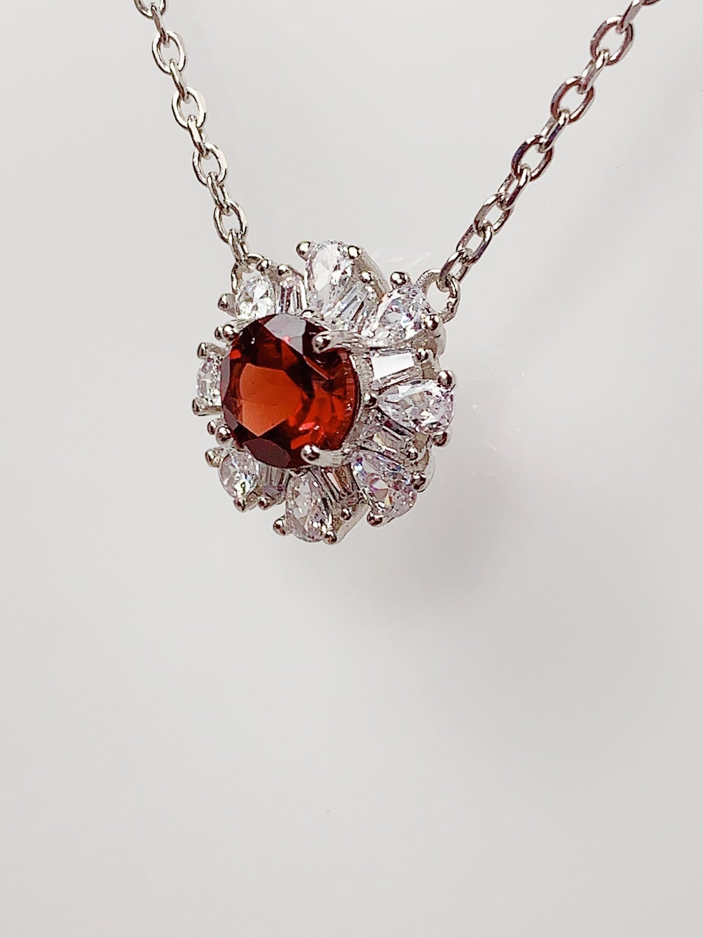 Red Garnet Sterling Silver Pendant Necklace: 18K Gold Plated, 6mm Round Cut