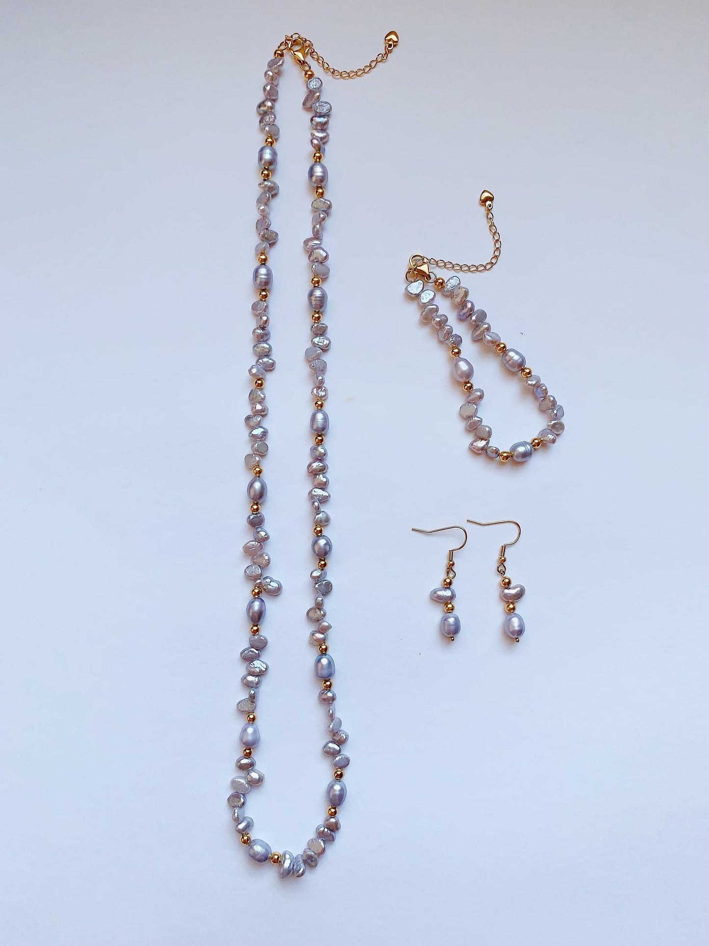 Gray Freshwater Pearl Jewelry Set: 18k Gold Plated Necklace, Bracelet & Earrings