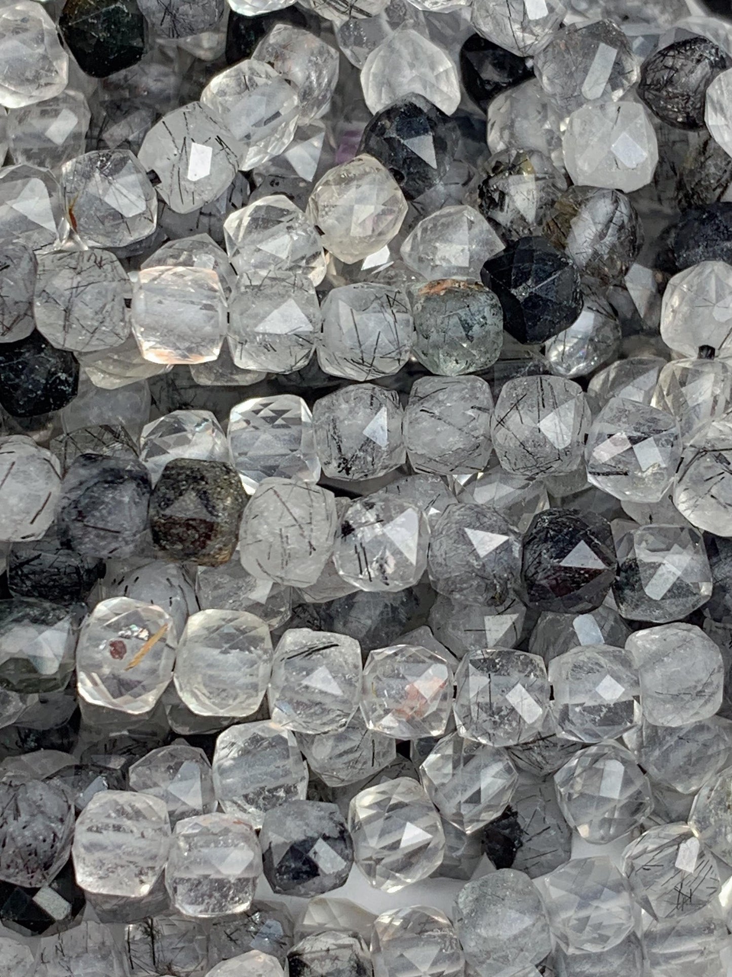 4.5mm AAA Natural Clear Black Rutilated Quartz Faceted Cube Square Beads 15.5 Strand