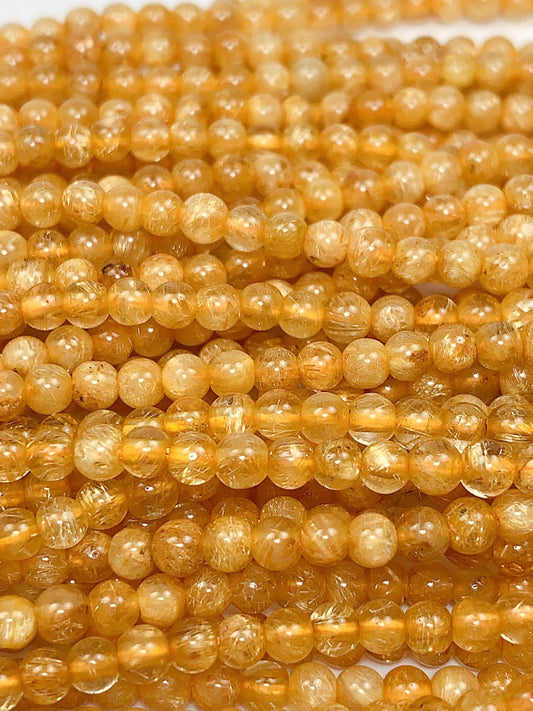 AAA Deep Color Gold Golden Rutilated Quartz Smooth Round Beads: Natural Yellow Gemstone Strand (3mm)
