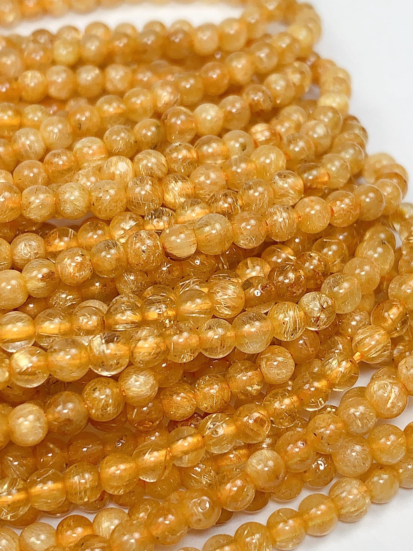 AAA Deep Color Gold Golden Rutilated Quartz Smooth Round Beads: Natural Yellow Gemstone Strand (3mm)