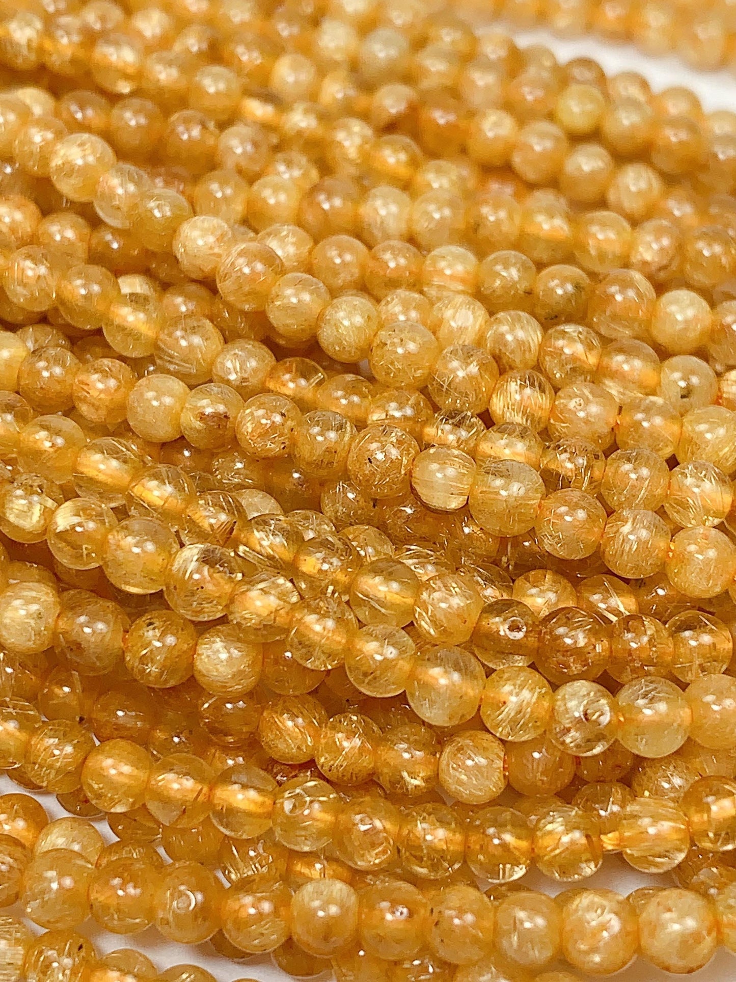 AAA Deep Color Gold Golden Rutilated Quartz Smooth Round Beads: Natural Yellow Gemstone Strand (3mm)