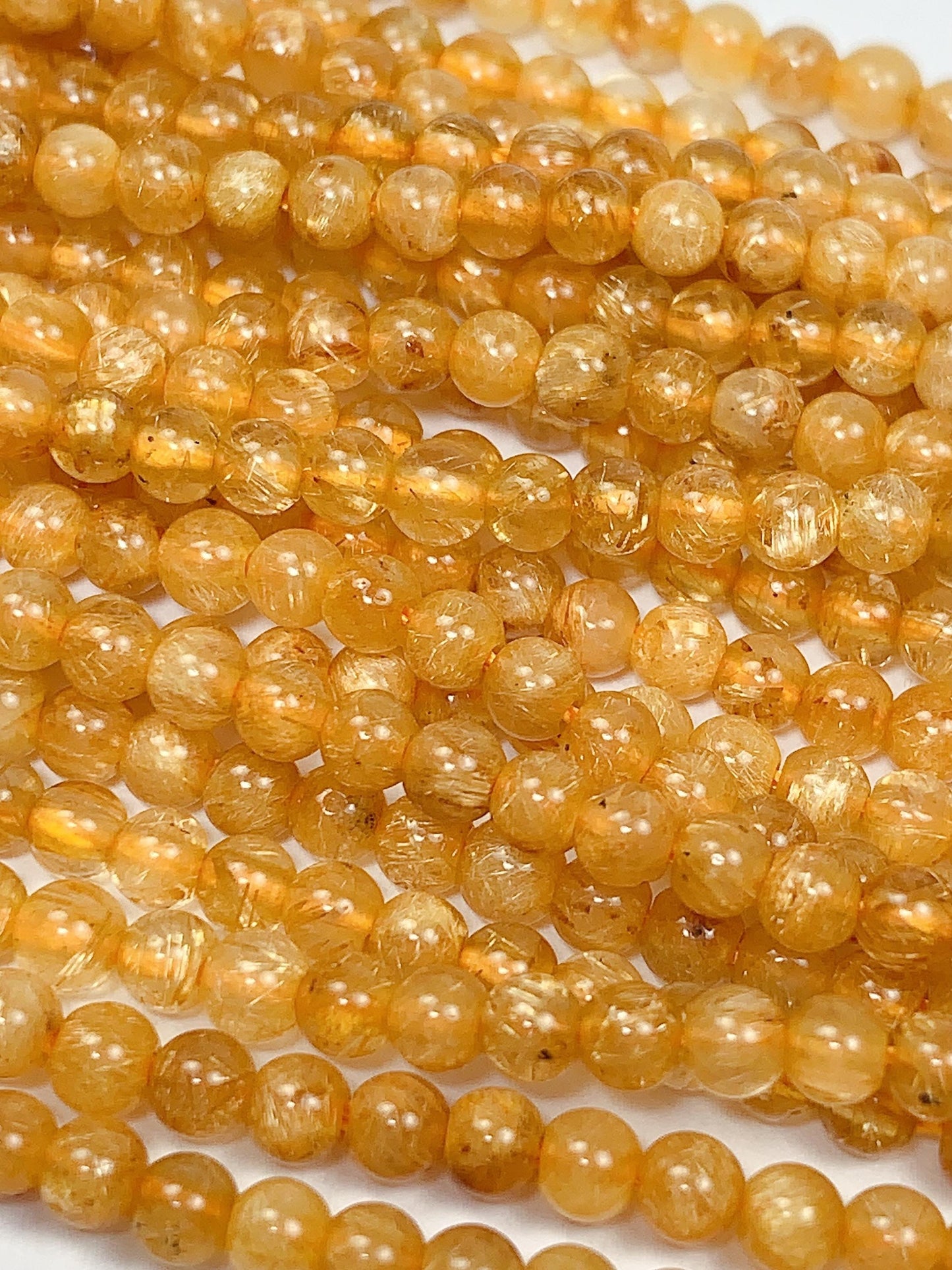 AAA Deep Color Gold Golden Rutilated Quartz Smooth Round Beads: Natural Yellow Gemstone Strand (3mm)