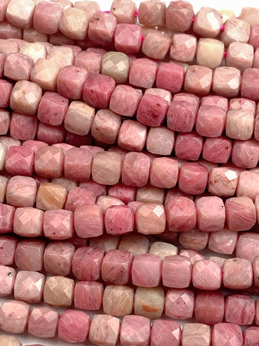 4mm + Genuine Natural Pink Rhodonite Faceted Cube Square Beads 15.5" Strand