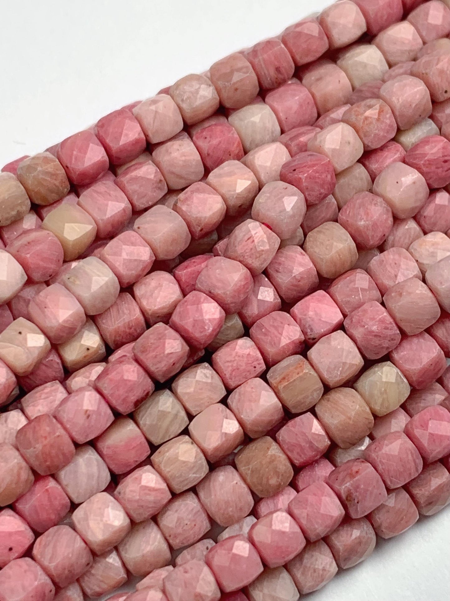4mm + Genuine Natural Pink Rhodonite Faceted Cube Square Beads 15.5" Strand