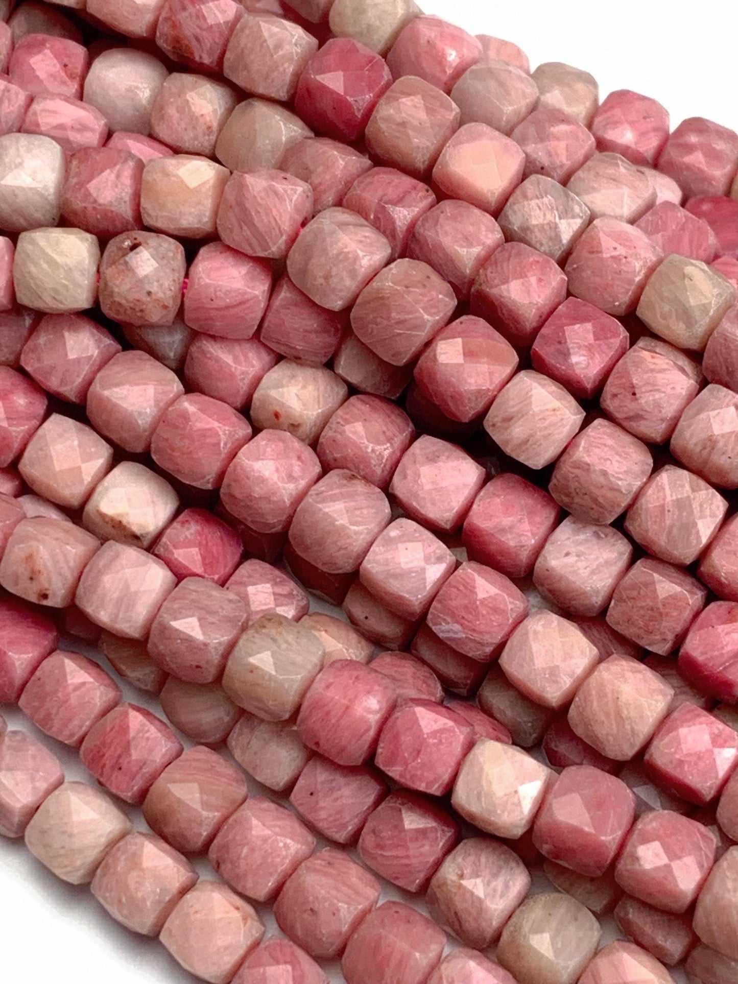4mm + Genuine Natural Pink Rhodonite Faceted Cube Square Beads 15.5" Strand
