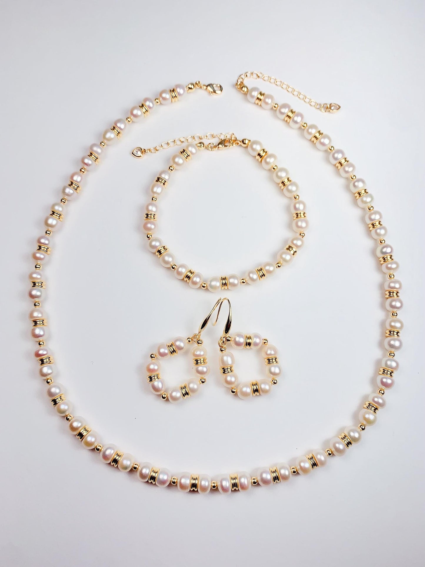 18k Gold Filled Freshwater Pearl Jewelry Set: Necklace, Bracelet & Earrings