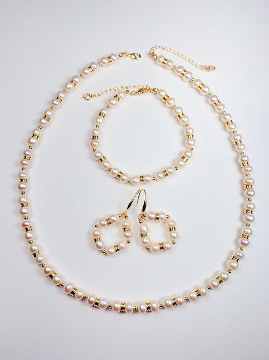 18k Gold Filled Freshwater Pearl Jewelry Set: Necklace, Bracelet & Earrings