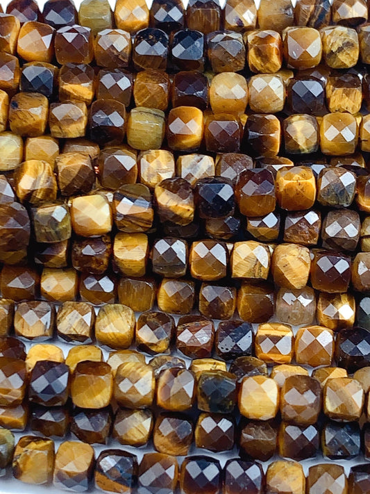 4.5mm Grade AAA+ Genuine Natural Yellow Tiger Eyes Faceted Cube Square Beads 15.5" Strand