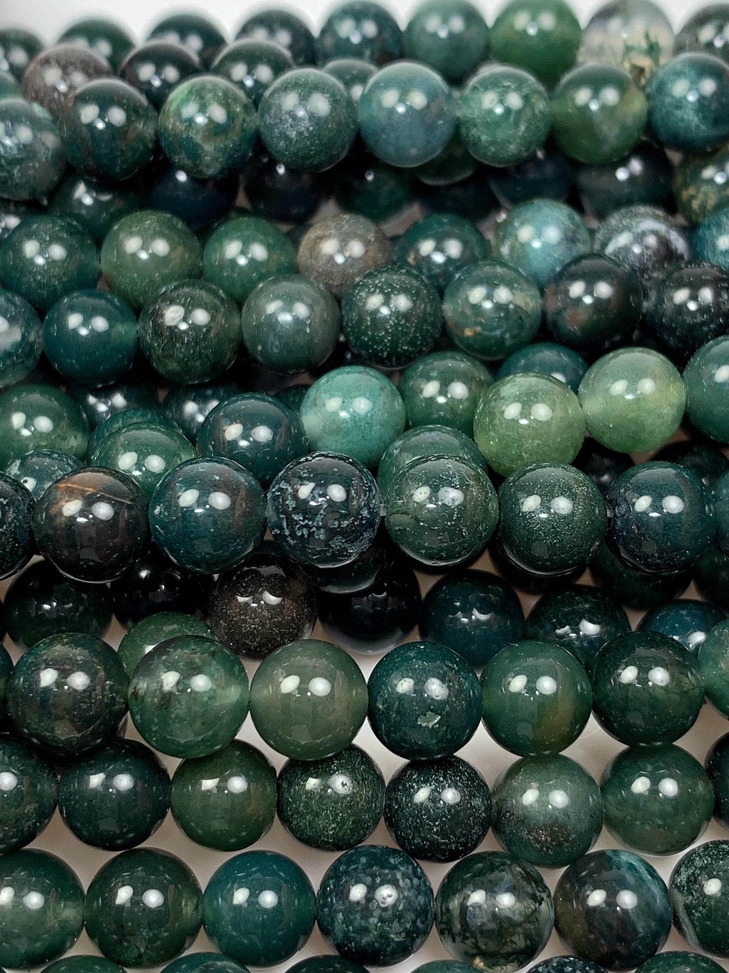 Natural Deep Green Moss Agate Beads: Smooth Round Gemstone Strand (15.5")