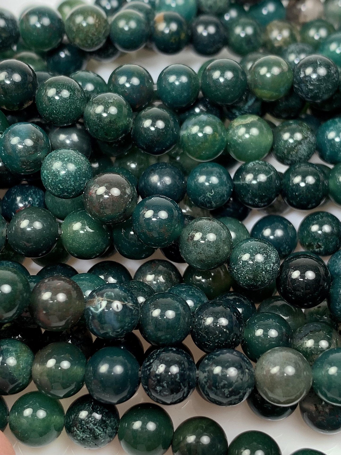 Natural Deep Green Moss Agate Beads: Smooth Round Gemstone Strand (15.5")