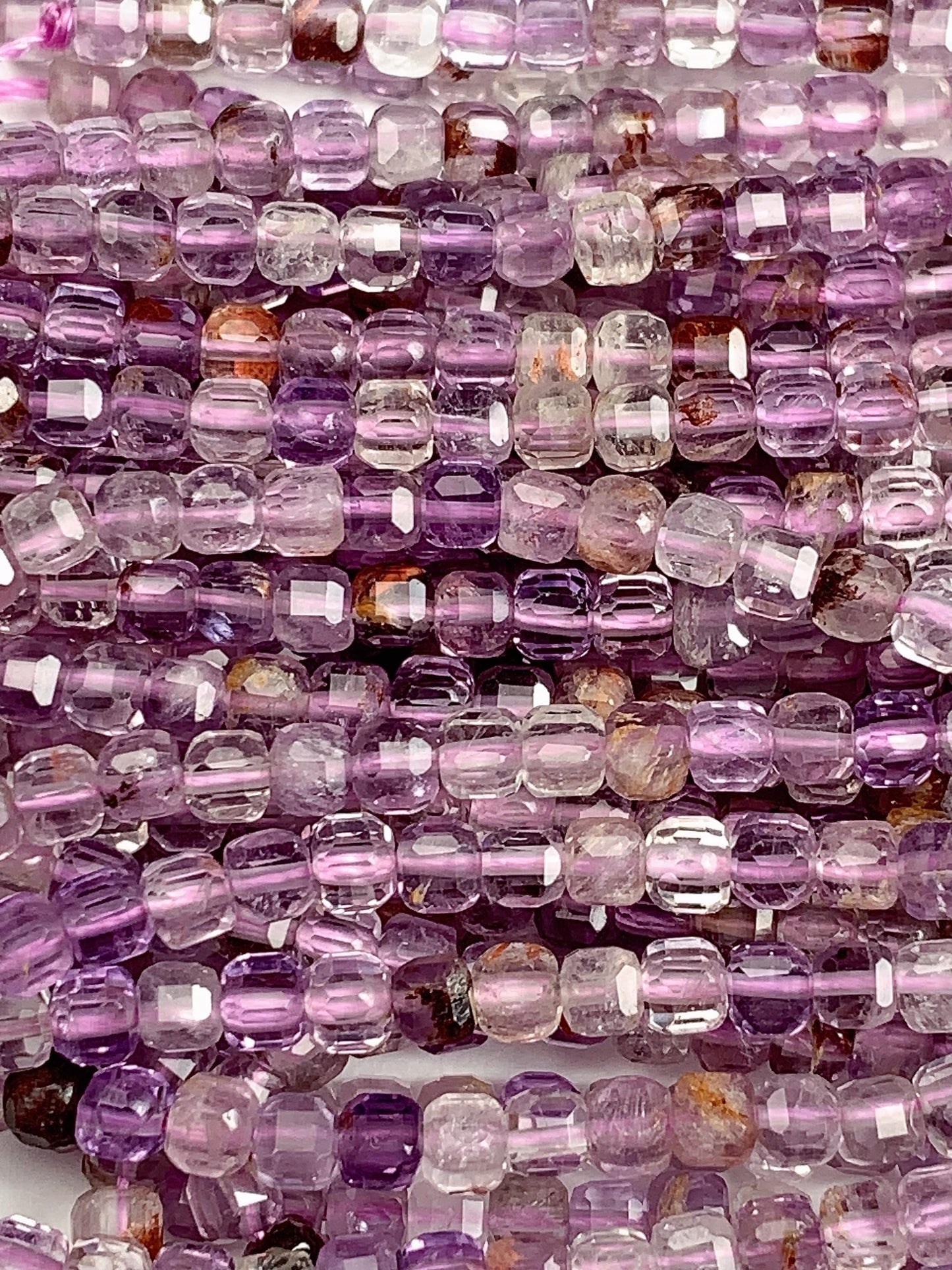 3mm Supper 7 seven Crystal Phantom Amethyst Cacoxenite Faceted Cube Square Beads 15.5" Strand Gemstone